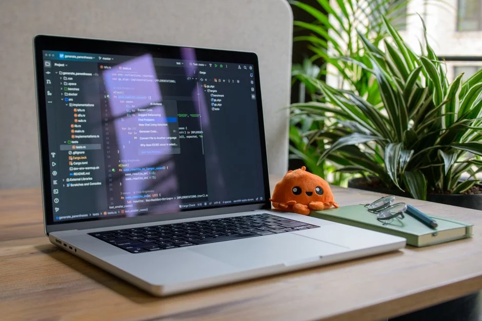 about-01 A man edits a fruit image on a MacBook Pro while sitting outdoors on grass.